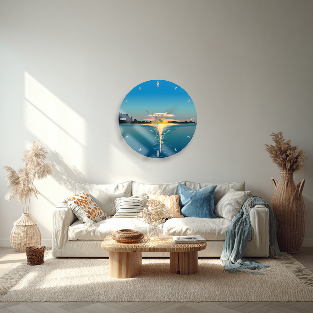 Minimalist Ocean Sunset Glass Wall Clock – Coastal Decor