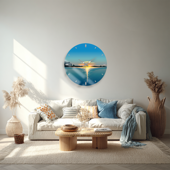 Minimalist Ocean Sunset Glass Wall Clock – Coastal Decor