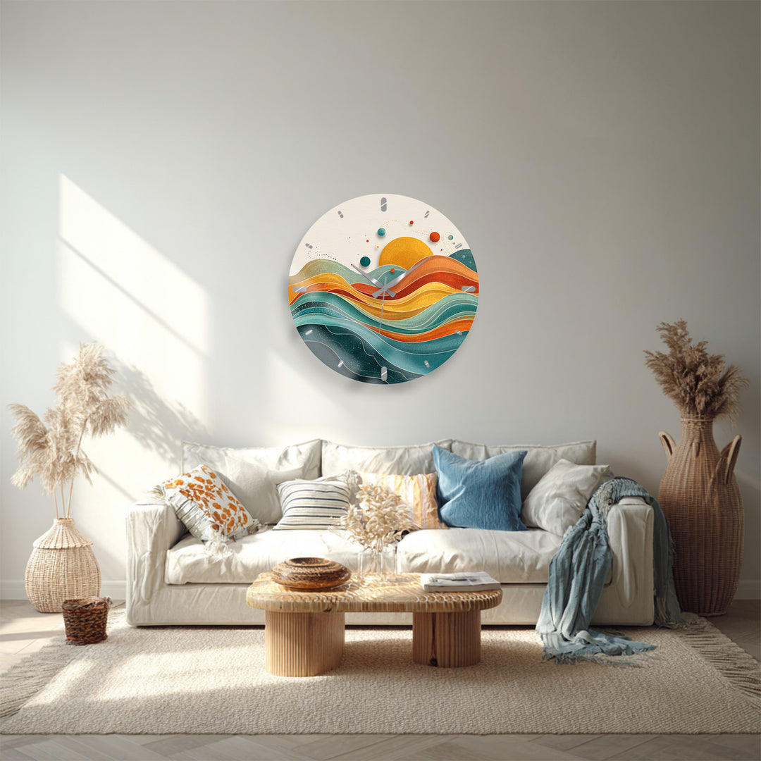 Retro Sunset Glass Wall Clock – Abstract Boho Wave Art