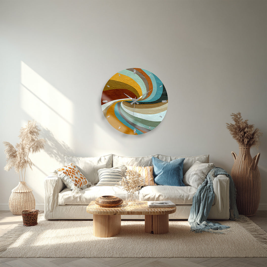 Retro Wave Glass Wall Clock – Teal and Mustard Abstract Decor