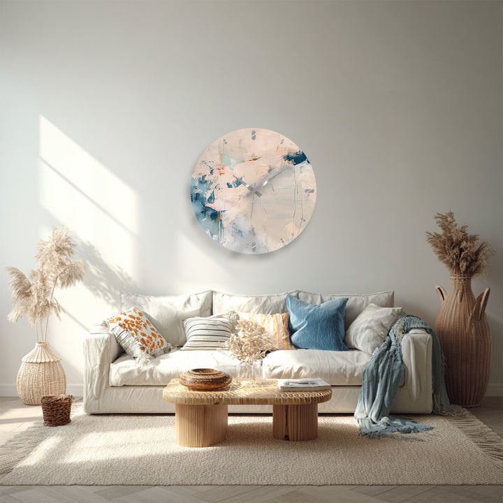 Neutral Abstract Glass Wall Clock – Beige and Blue Modern Decor