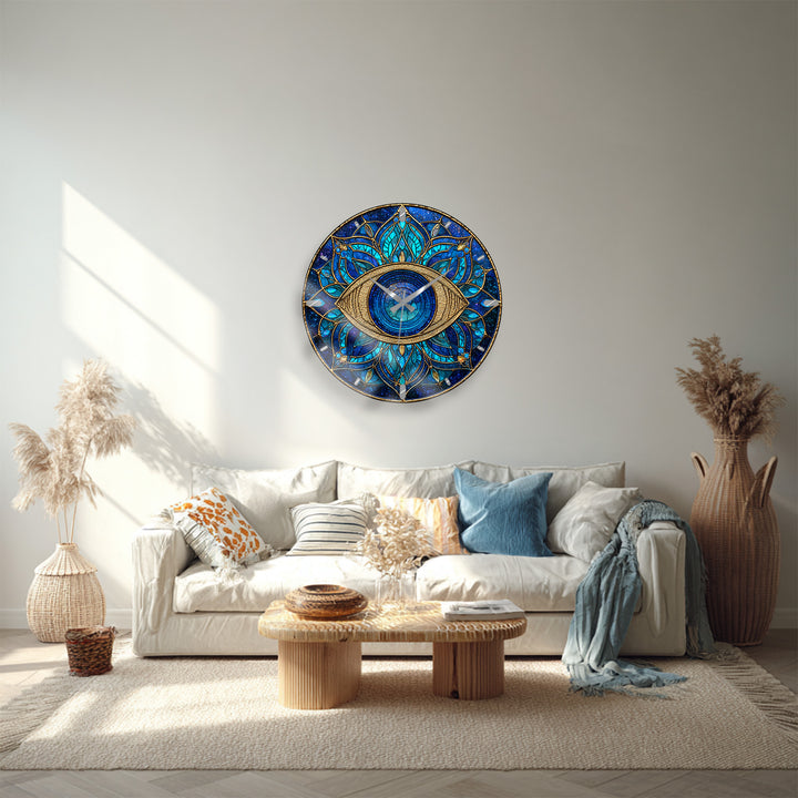 Evil Eye Glass Wall Clock – Blue Mandala Wall Decor