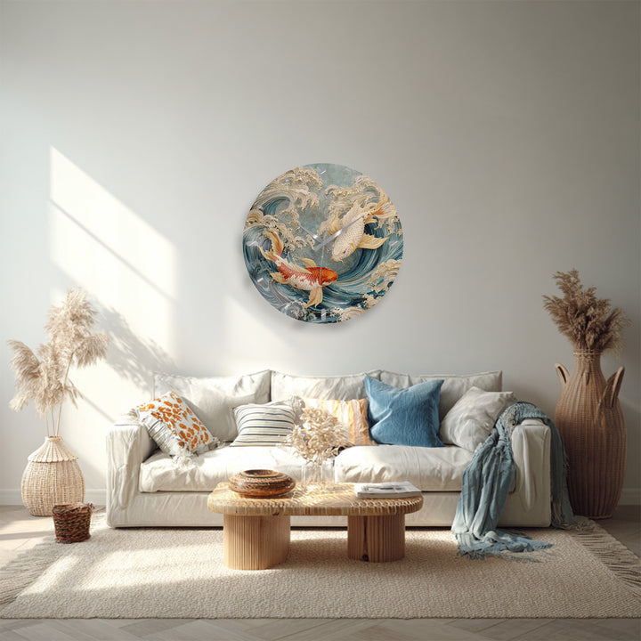 Japanese Koi Fish Glass Wall Clock – Blue Ocean Wave Art