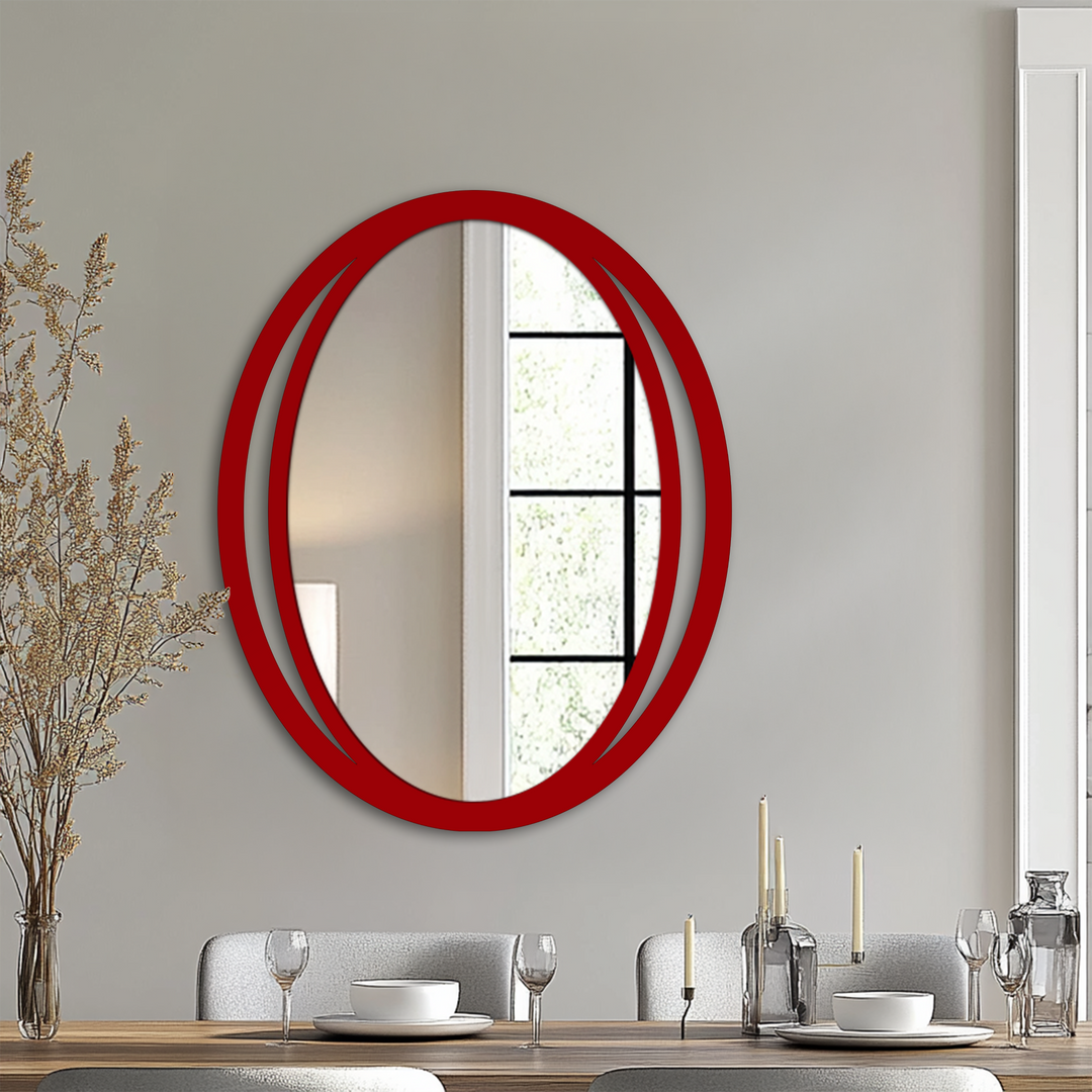 Stillness reflects in the Double Eclipse oval wall mirror, a study in sleek lines and modern wall mirrors, evoking a sense of calm in the dining space.