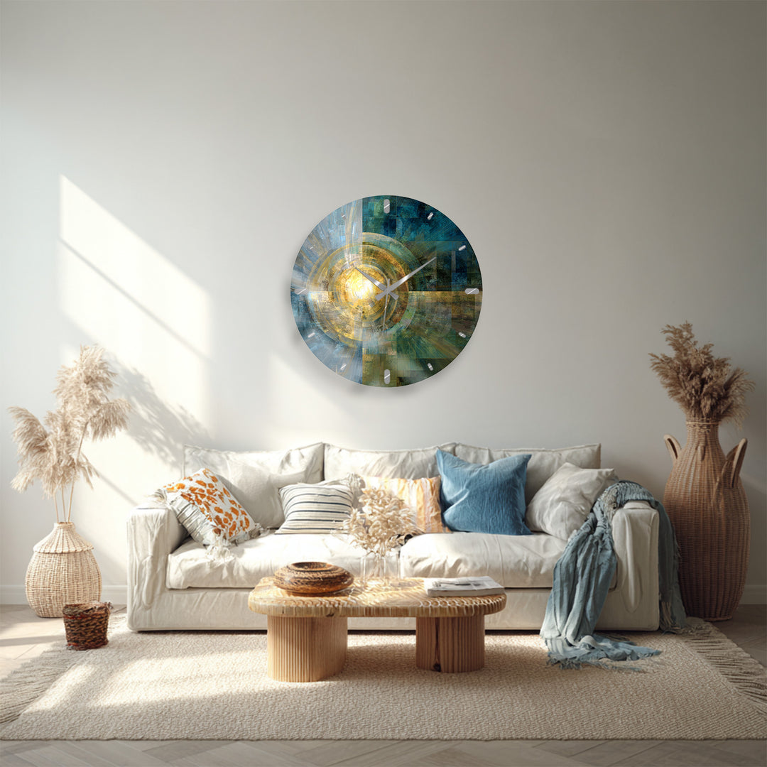Teal and Gold Glass Wall Clock – Abstract Geometric Art