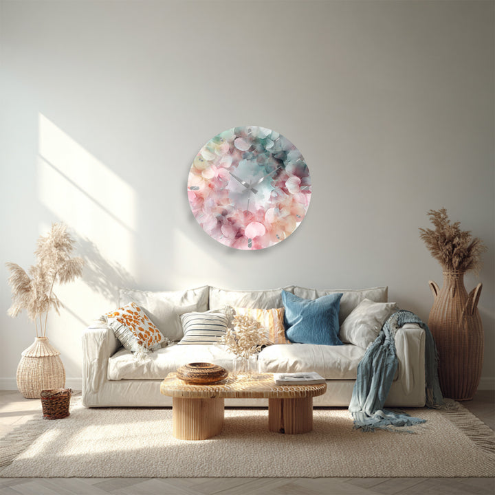 Pastel Hydrangea Glass Wall Clock – Pink Floral Wreath Decor
