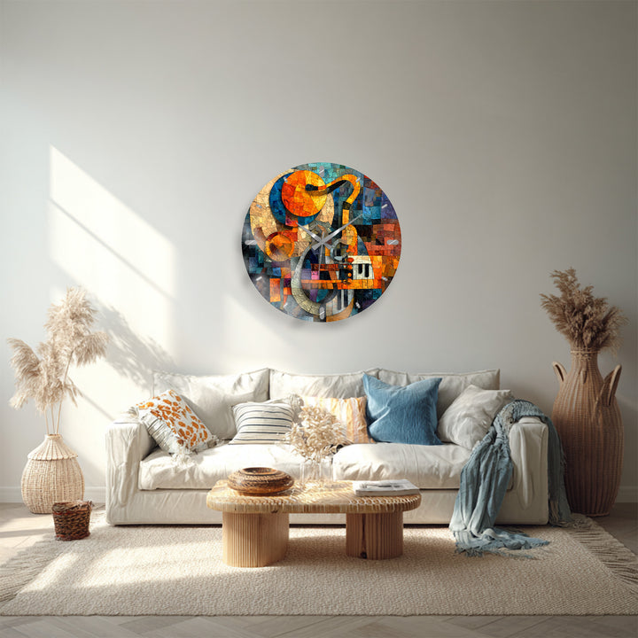 Music Glass Wall Clock – Treble Clef and Piano Mosaic Decor