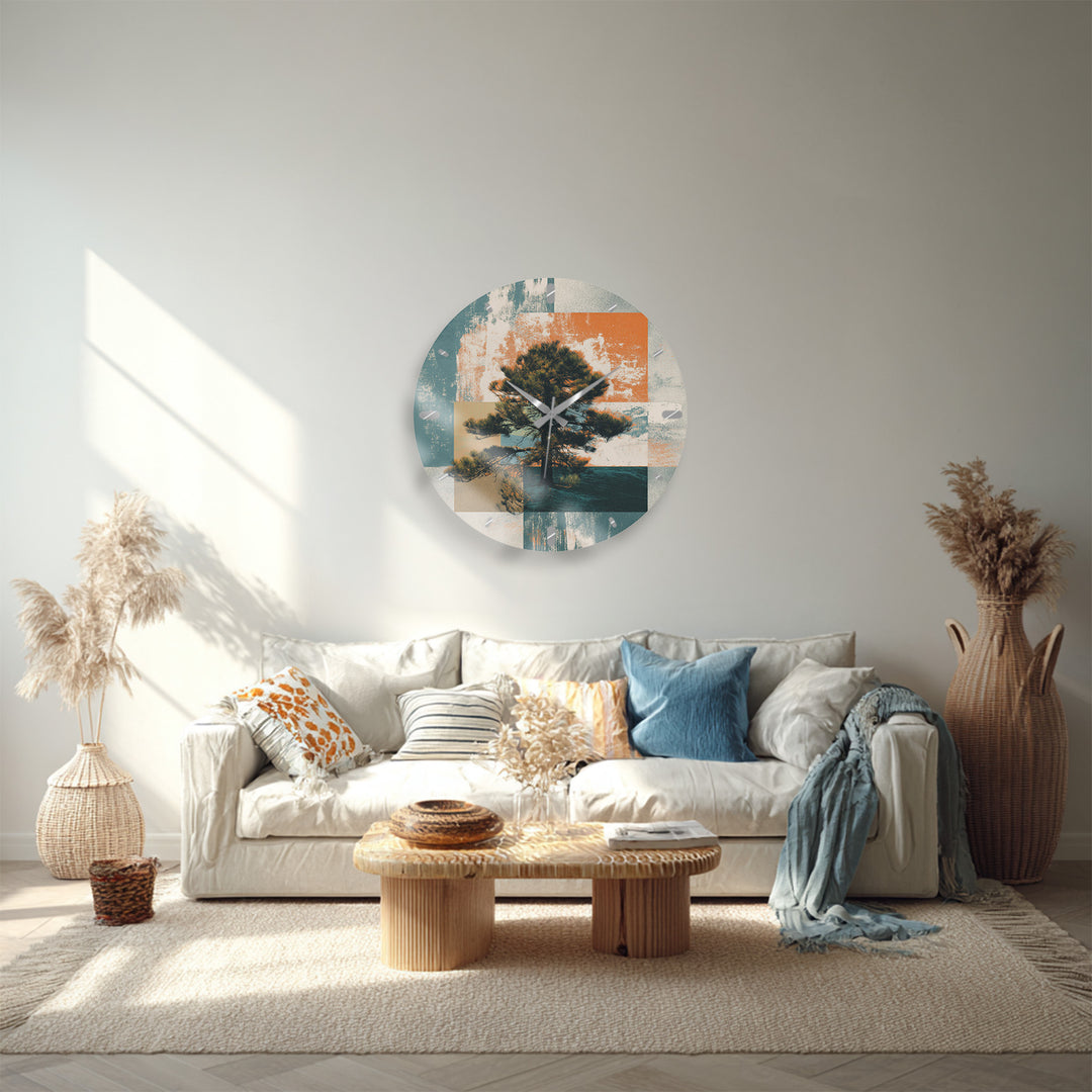 Mid Century Pine Tree Glass Wall Clock – Retro Nature Decor