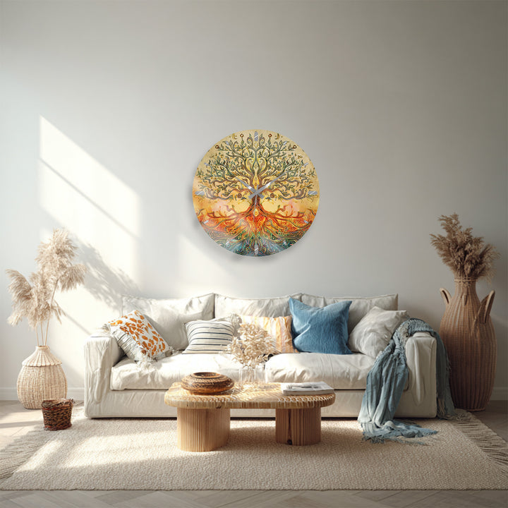 Golden Tree of Life Glass Wall Clock – Boho Botanical Decor