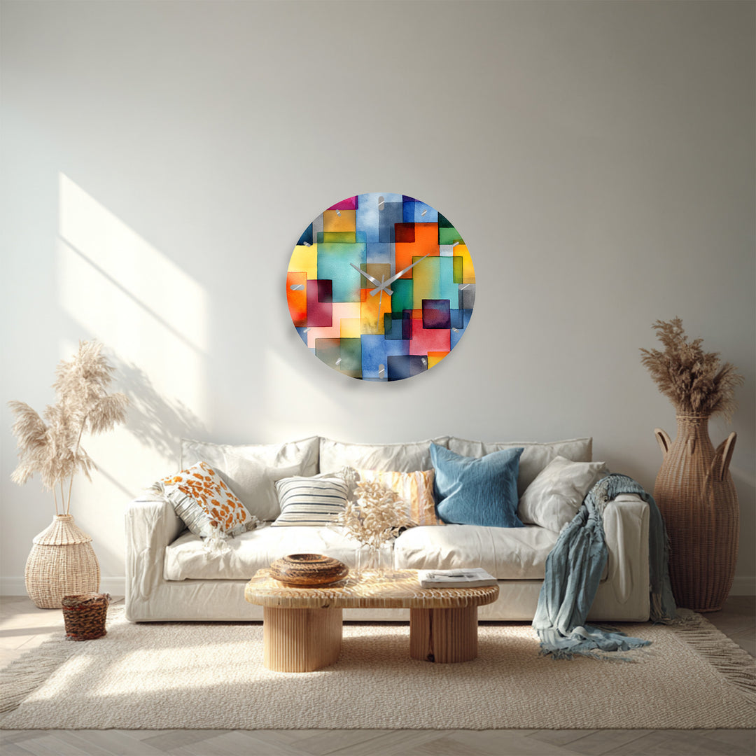 Colorful Geometric Glass Wall Clock – Abstract Color Block Art
