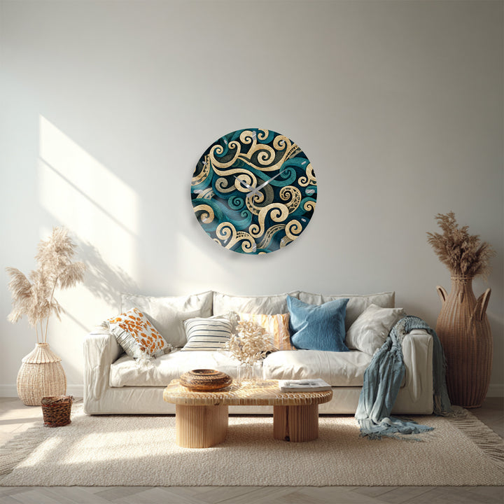 Teal Spiral Glass Wall Clock – Blue and Beige Abstract Swirl Art