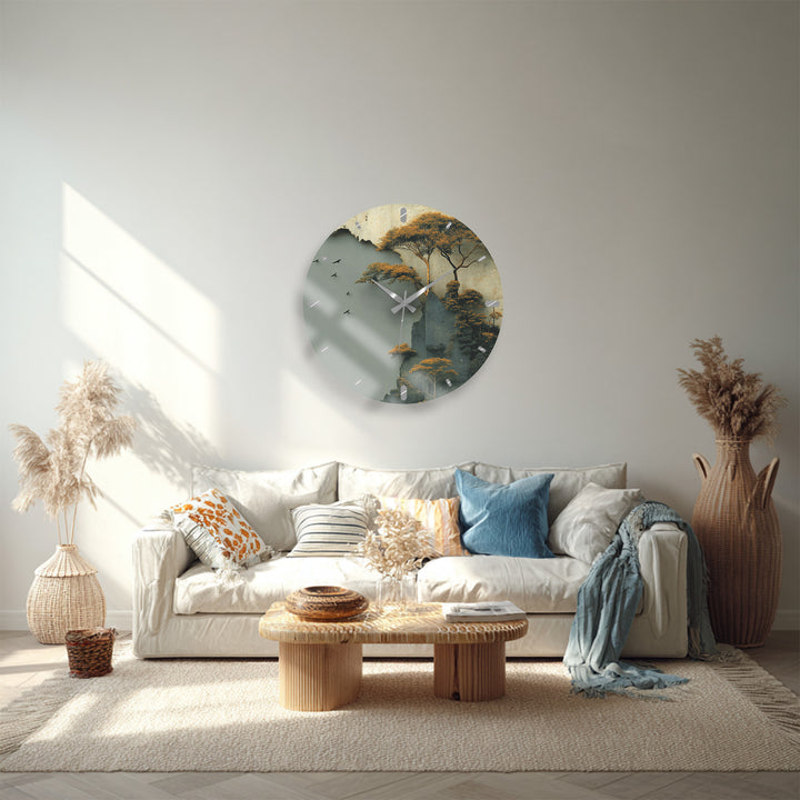 Misty Forest Glass Wall Clock – Golden Mountain Landscape