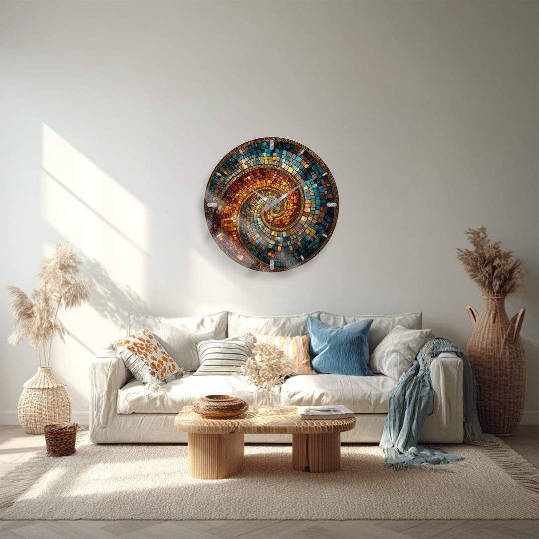 Spiralmosaik-Glaswanduhr – abstrakte Kunst in Blaugrün und Kupfer