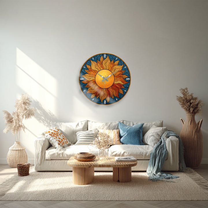 Boho Sun Glass Wall Clock – Golden Sunburst Decor