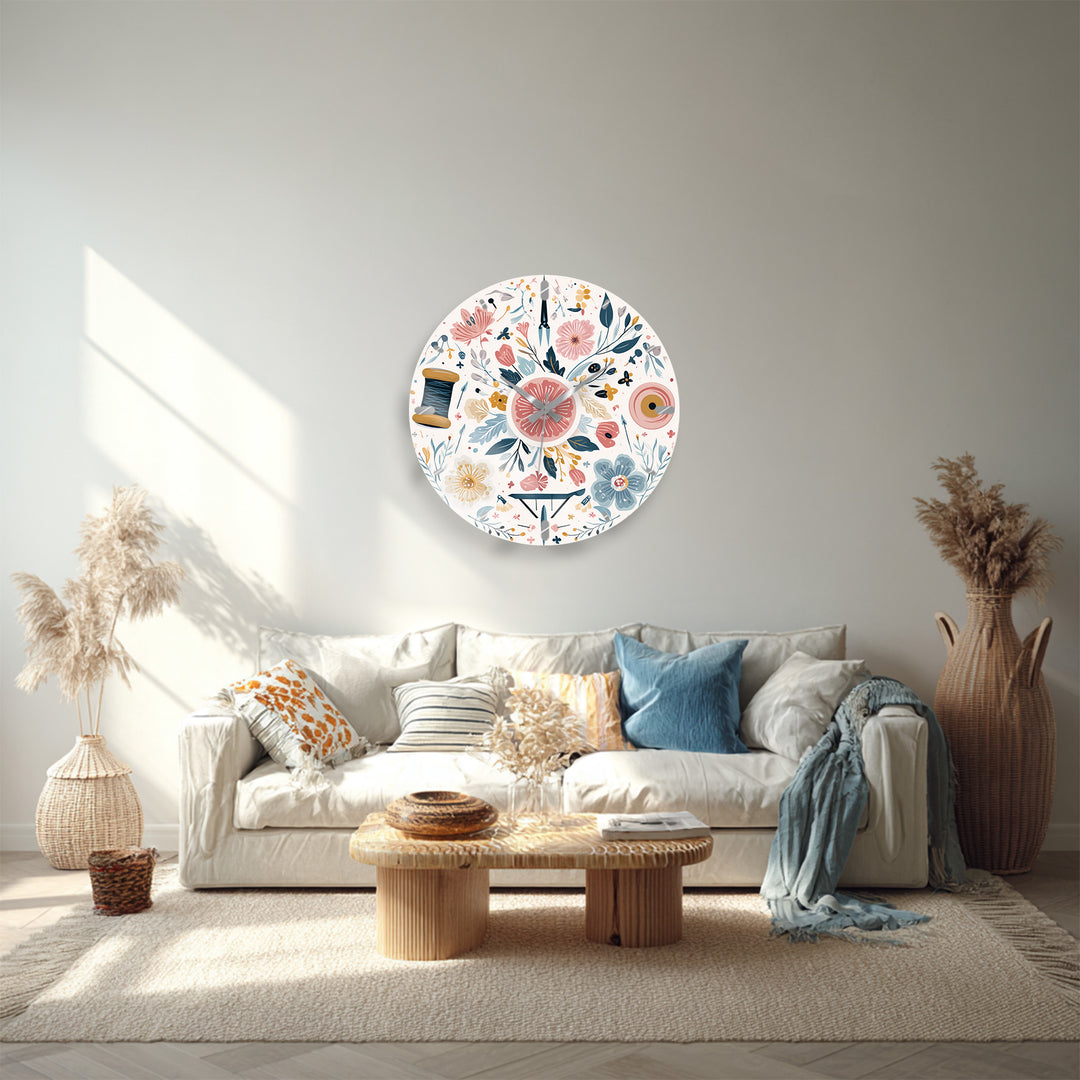 Floral Sewing Glass Wall Clock – Craft Room Decor