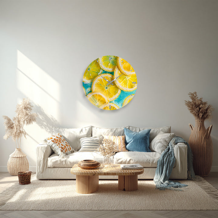 Yellow Lemon Glass Wall Clock – Bright Citrus Kitchen Decor