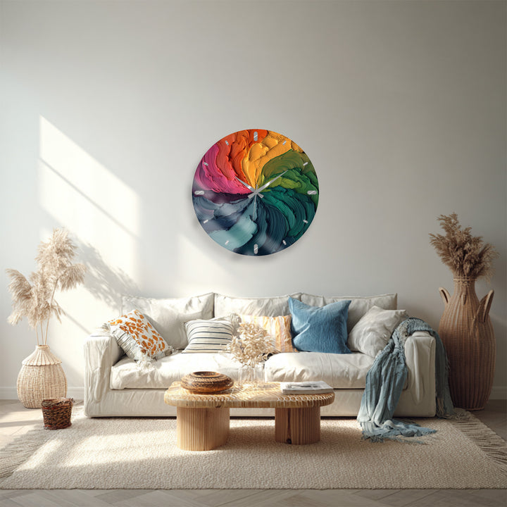 Colorful Abstract Glass Wall Clock – Rainbow Oil Painting Art