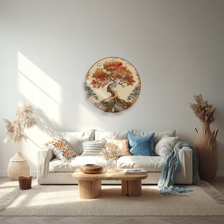 Autumn Tree of Life Glass Wall Clock – Rustic Fall Decor