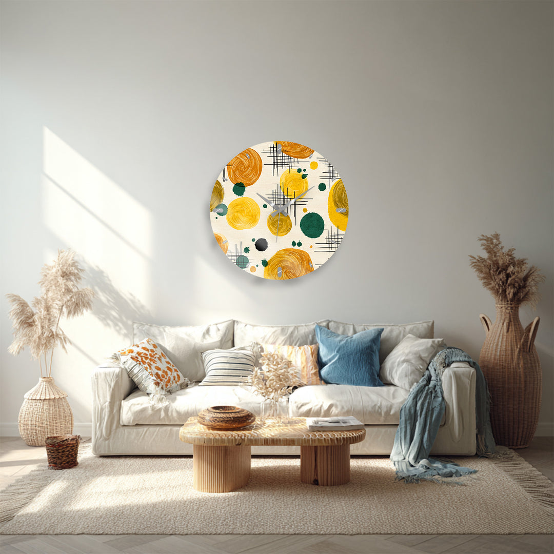 Mustard Yellow Glass Wall Clock – Retro Abstract Circle Art