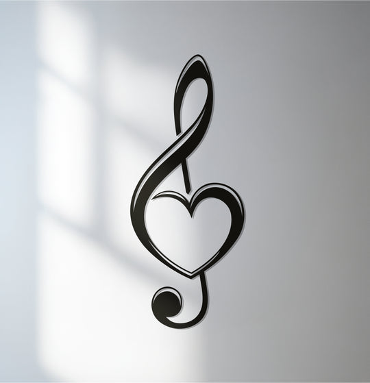 The soft, gradient background casts a diffused light on this piece of heart treble clef metal artwork, enhancing the modern aesthetic of the music-inspired decor.