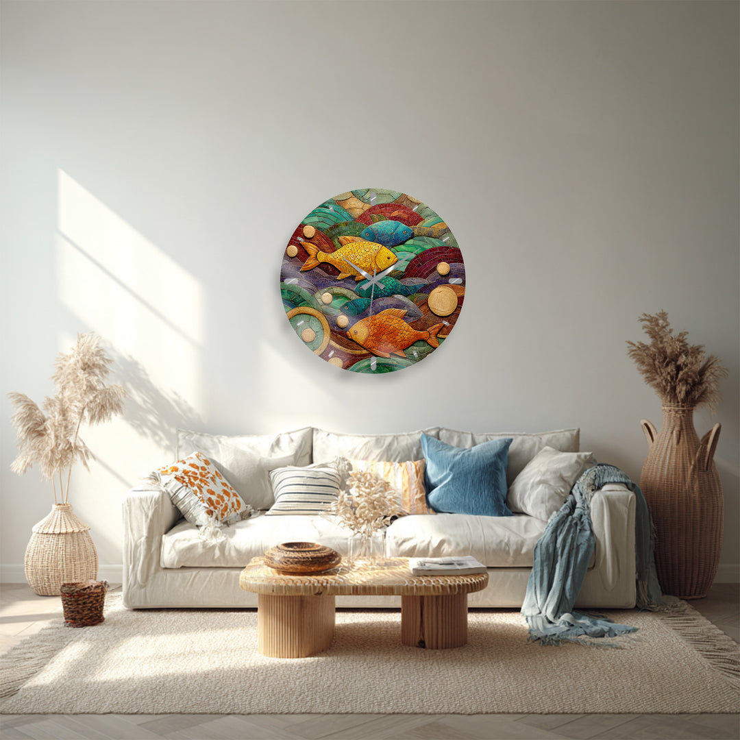 Colorful Fish Glass Wall Clock – Coastal Mosaic Art Decor