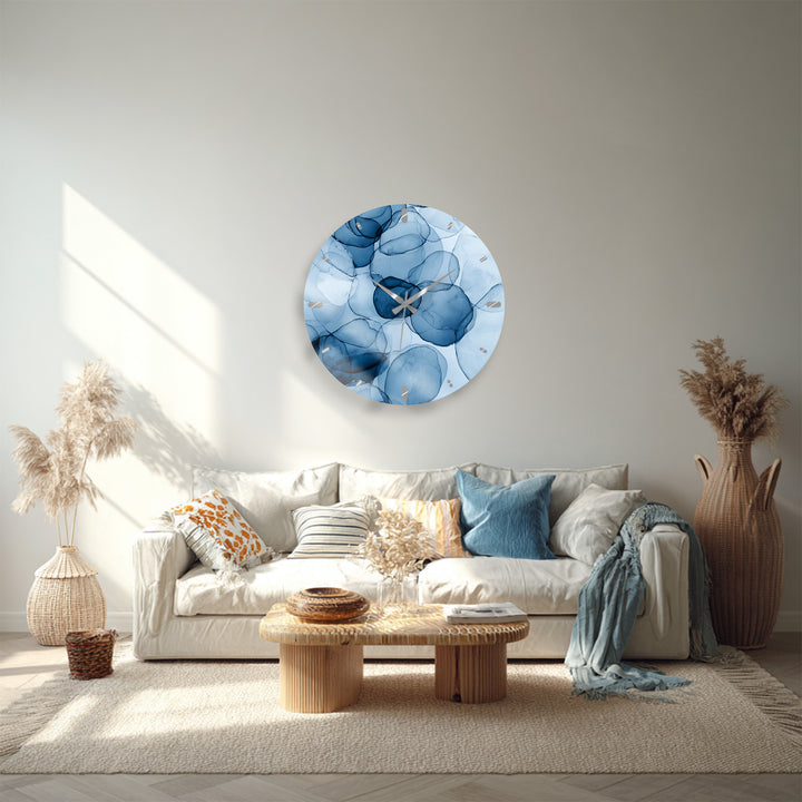 Blue Abstract Glass Wall Clock – Modern Alcohol Ink Art