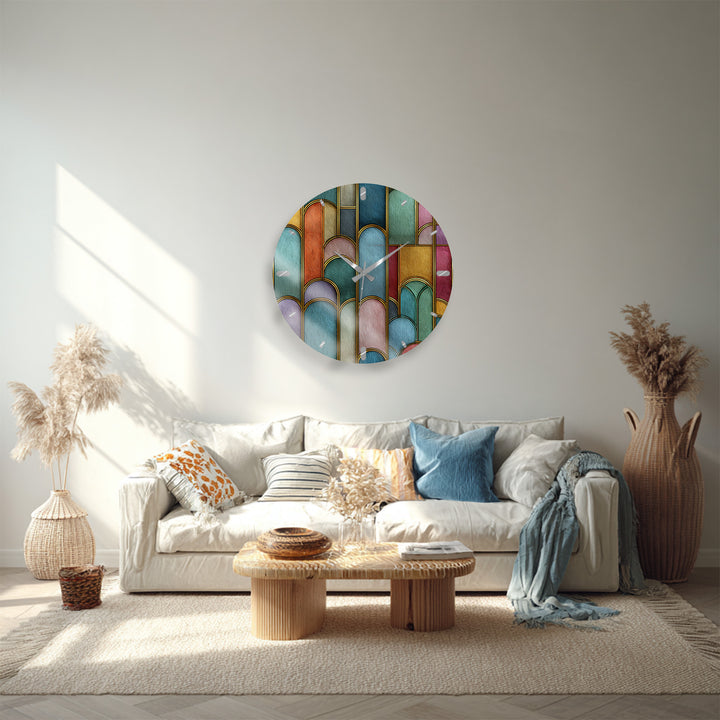 Art Deco Glass Wall Clock – Colorful Geometric Arch Decor