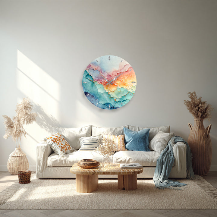 Pastel Fluid Art Glass Wall Clock – Pink and Teal Abstract Decor