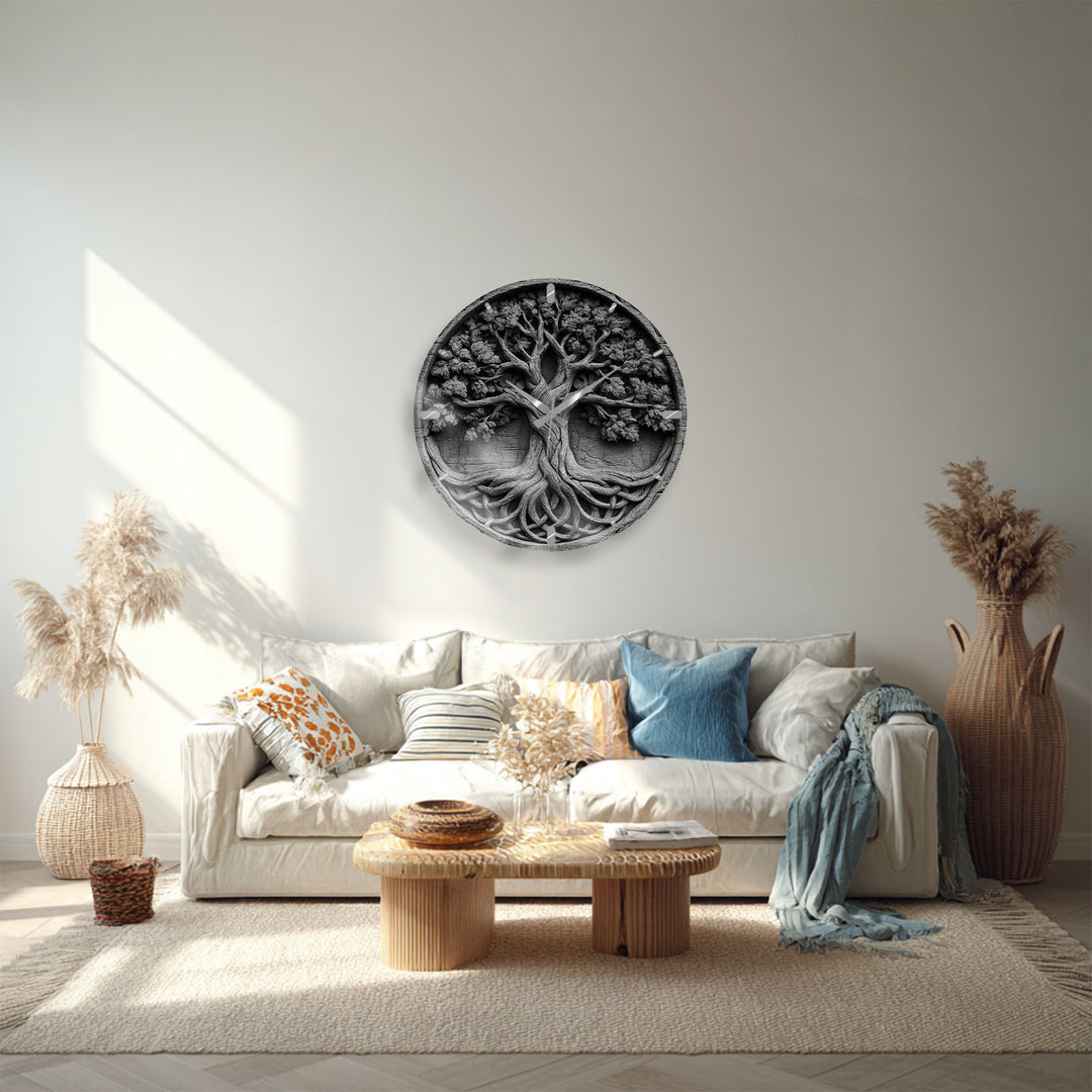 Black and White Tree of Life Glass Wall Clock – Celtic Style Art