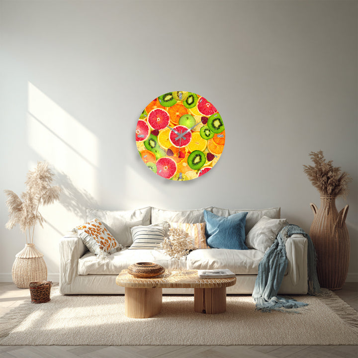 Colorful Fruit Glass Wall Clock – Citrus Kitchen Wall Decor