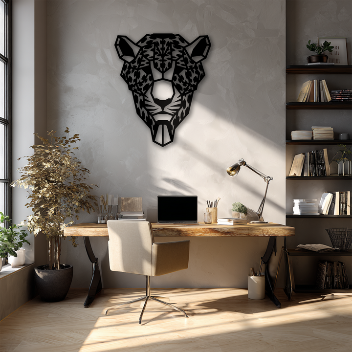 Featuring soft, warm light neutral tones, this modern office showcases a striking geometric tiger head metal wall decor above a wooden desk.