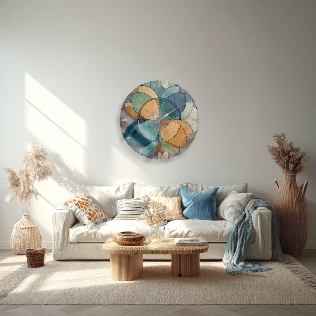 Teal Geometric Glass Wall Clock – Mid Century Abstract Decor