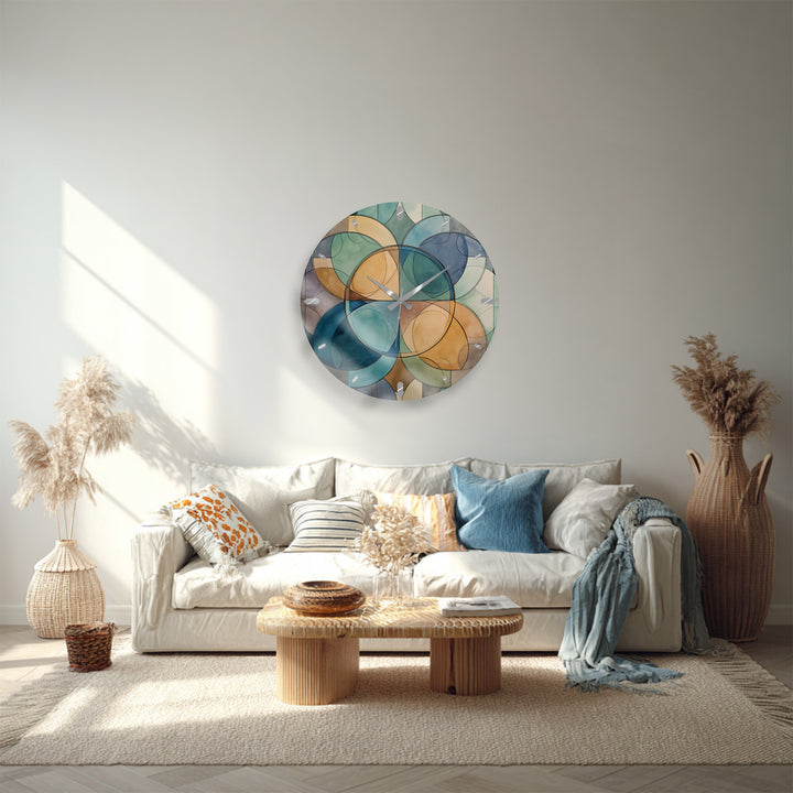 Teal Geometric Glass Wall Clock – Mid Century Abstract Decor