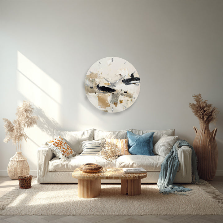 Neutral Abstract Glass Wall Clock – Black and Beige Modern Art