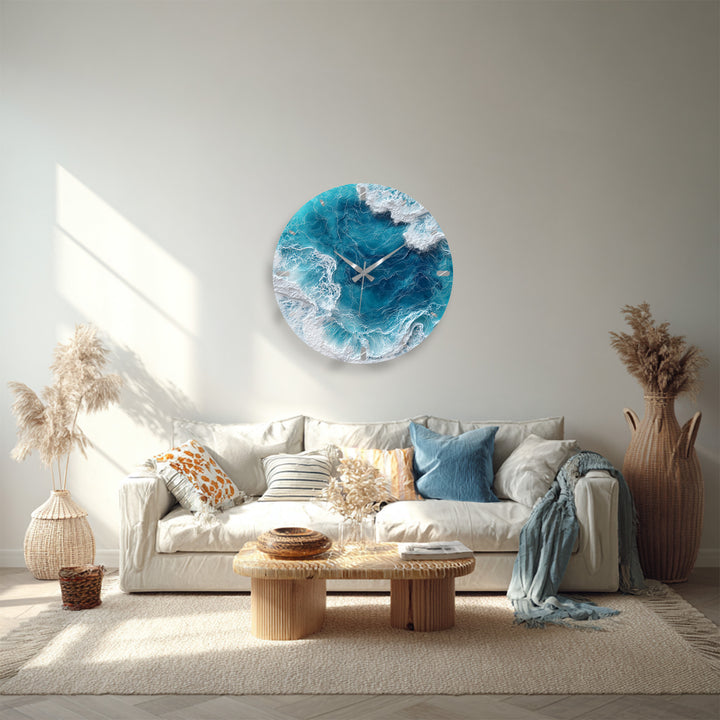 Ocean Waves Glass Wall Clock – Blue Coastal Beach House Decor