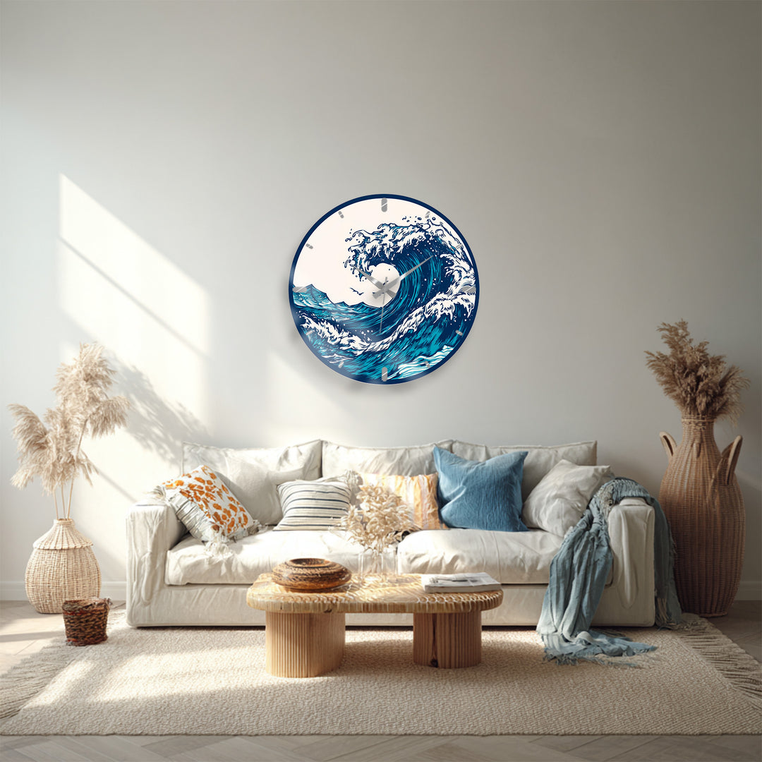 Japanese Wave Glass Wall Clock – Blue Ocean Coastal Decor