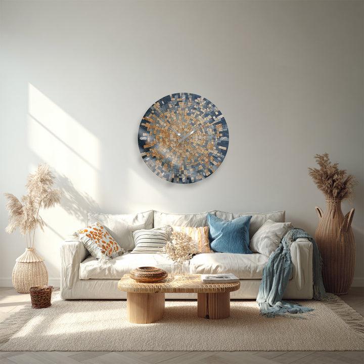 Blue Mosaic Glass Wall Clock – Beige Geometric Circle Art Decor