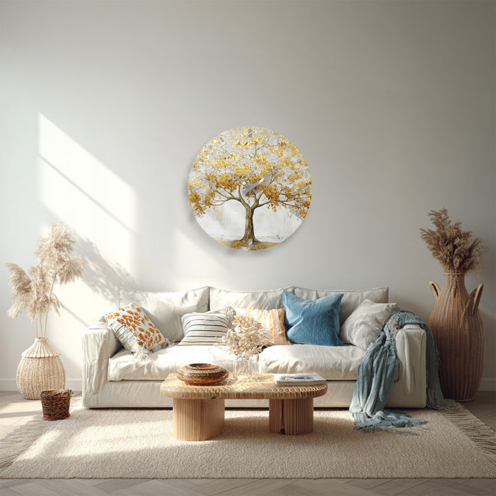 Gold Tree of Life Glass Wall Clock – White and Gold Modern Decor