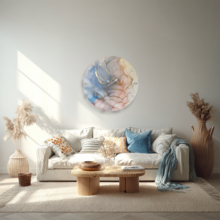 Pastellrosa und blaue Marmorglas-Wanduhr