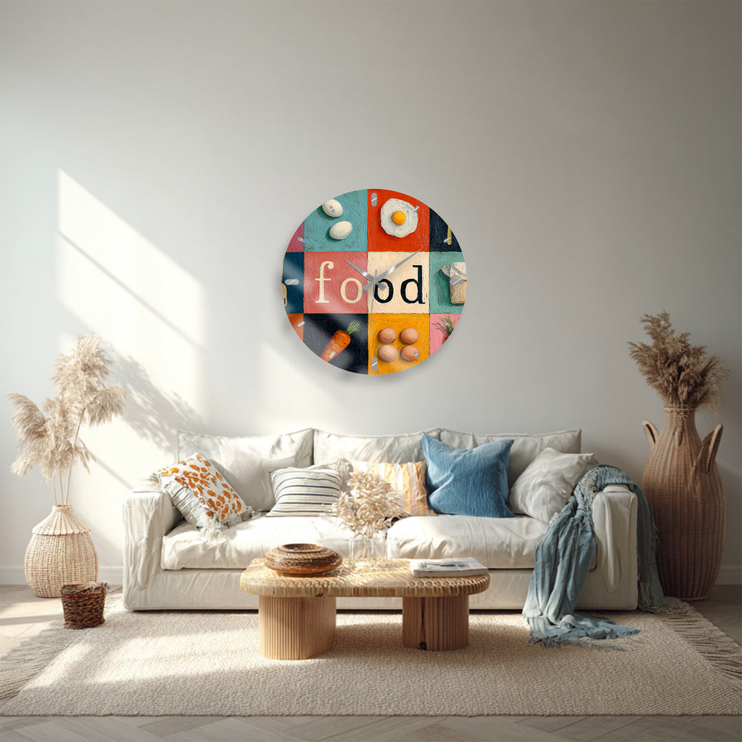 Colorful Food Glass Wall Clock – Retro Kitchen Decor