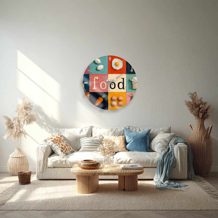 Colorful Food Glass Wall Clock – Retro Kitchen Decor
