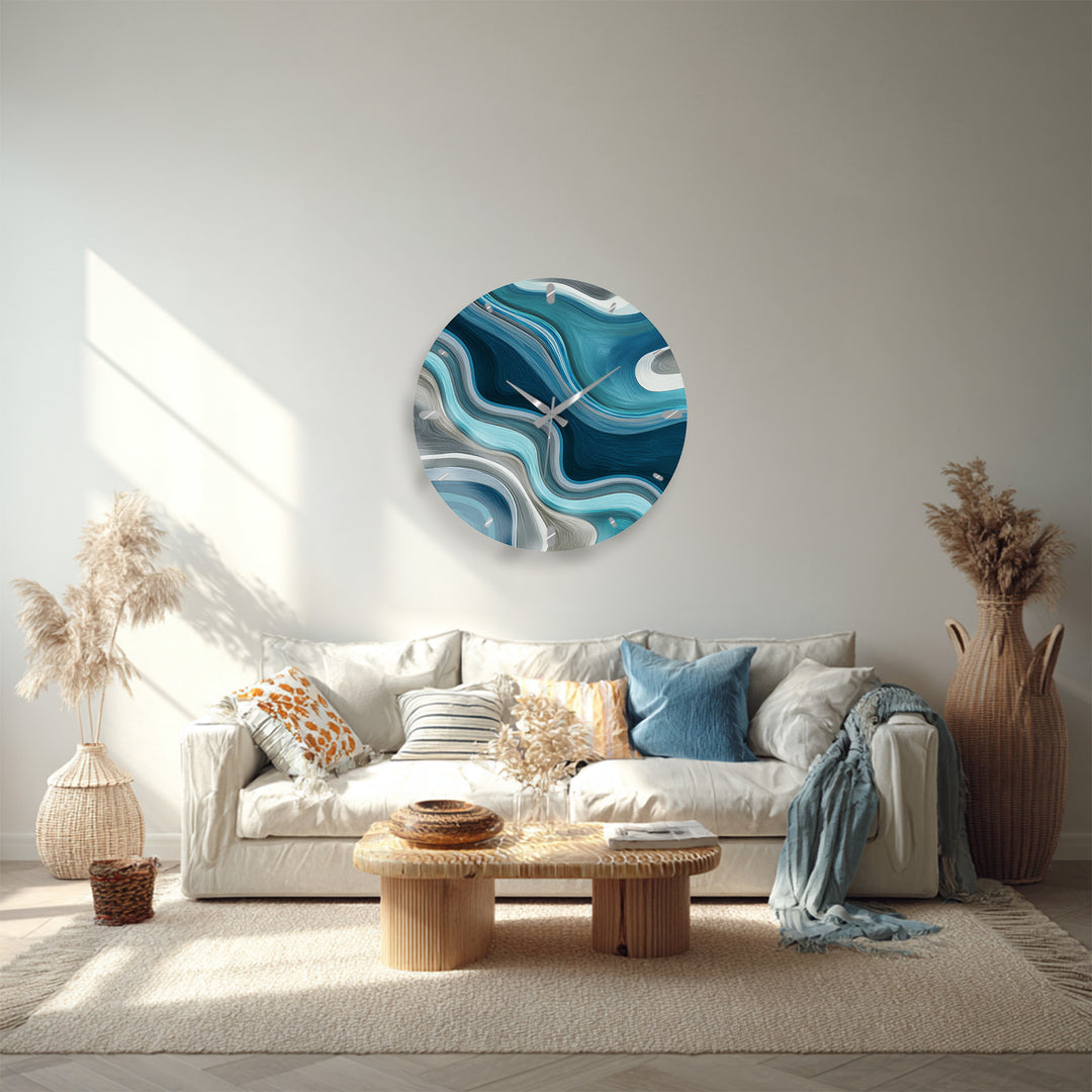 Blue Abstract Glass Wall Clock – Teal Wave Modern Decor