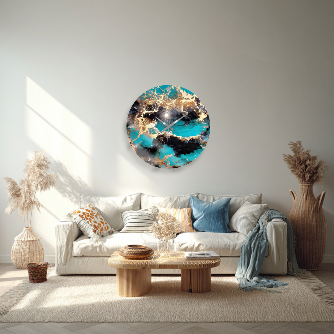 Turquoise and Gold Glass Wall Clock – Abstract Marble Decor