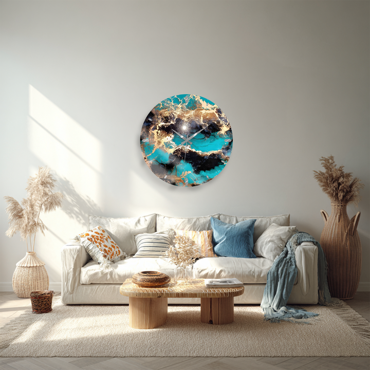 Turquoise and Gold Glass Wall Clock – Abstract Marble Decor