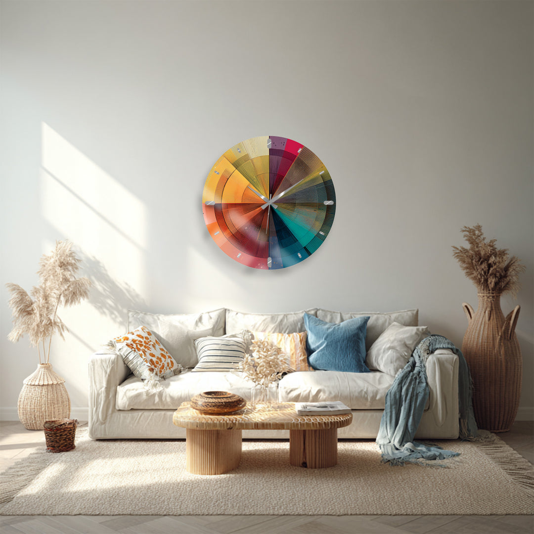 Colorful Geometric Glass Wall Clock – Retro Radial Art