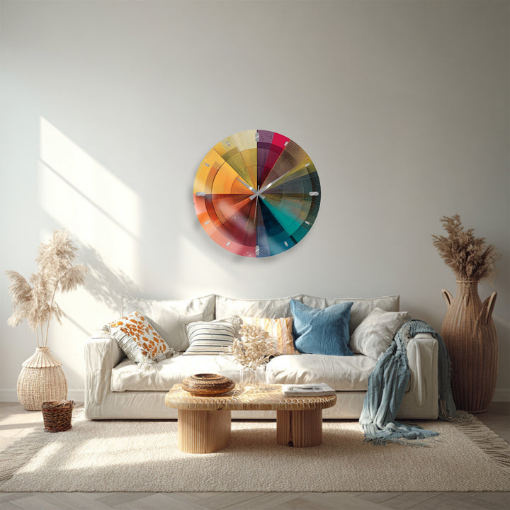 Colorful Geometric Glass Wall Clock – Retro Radial Art