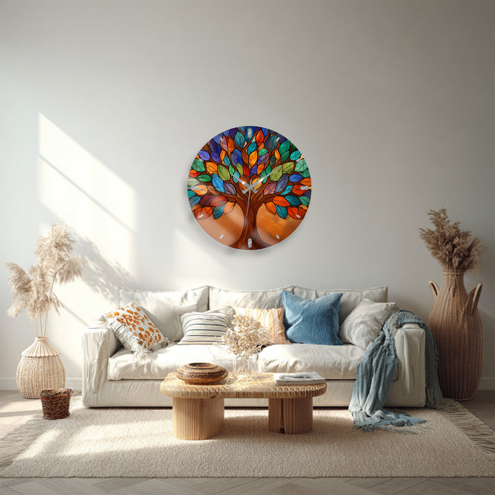 Bunte Glas-Wanduhr „Baum des Lebens“ – Buntglas-Stil