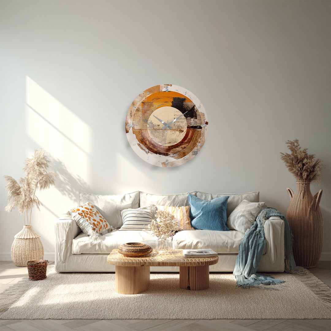 Neutral Abstract Glass Wall Clock – Earth Tone Circle Art