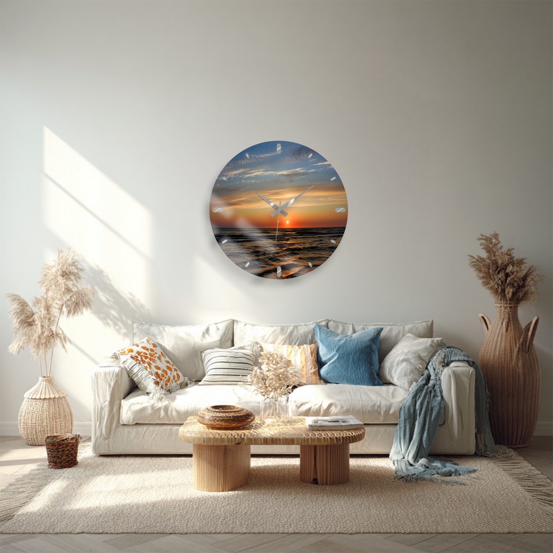 Ocean Sunset Glass Wall Clock – Coastal Beach Decor
