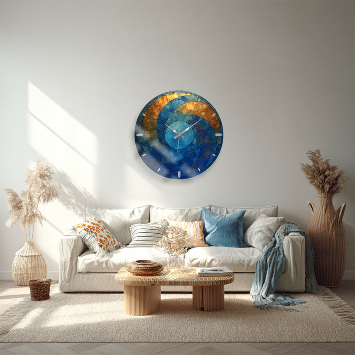 Blaue und goldene Glaswanduhr – abstraktes Kreisdekor